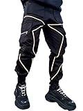 ebossy Men's Multi Pocket Fashion Cargo Pants Technical Reflective Jogger Pants (Medium, Black)