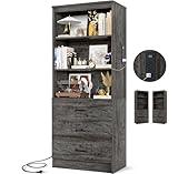 Aheaplus 71 Inches Bookshelf with USB Ports and Outlets, Wooden Bookcase with 3 Drawers & Open Shelves, Tall Storage Cabinet Book Shelf Storage Organizer for Living Room, Home Office, Black Oak