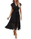 BTFBM Women Summer Bohemian Floral Casual Wrap V Neck Ruffle Cap Sleeveless Belt A-Line Pleated Hem Swing Midi Sun Dress (Swiss Dot Black, m)