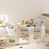 honorfun 4-in-1 Toddler Activity Table and Chair Set with 100 Building Blocks, Adjustable Height Kids Table and Chair Set, Double-Sided Drawing & Building Table, HDPE Plastic for Ages 1-6, Gray