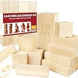 Basswood Carving Blocks, 19PCS Whittling Wood Blocks Wood Carving Kit with 3 Different Sizes, Bass Wood for Wood Carving Easy to Use, for Kids and Adults