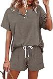 WIHOLL Lounge Sets for Women Shorts Short Sleeve Pajama Set Khaki XL