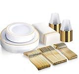 M MCIRCO 175 Piece Gold Dinnerware Set - 50 Gold Rim Plastic Plates - 25 Gold Plastic Silverware - 25 Gold Plastic Cups - 25 Gold Paper Napkins, 25 Guest Disposable Gold Dinnerware Set