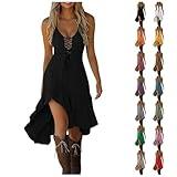 GOSEAGOTOFUN Vintage Halloween Dresses for Women Sexy Lace Up V Neck Spaghetti Strap Dress High Low Hem Retro Cowgirl Outfits