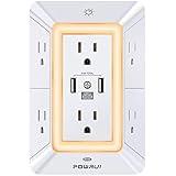 Multi Plug Outlet Surge Protector - POWRUI 6 Outlet Extender with 3 USB Ports (1 USB C) and Night Light, 3-Sided Power Strip with Adapter Spaced Outlets - White, ETL Listed