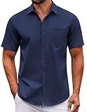COOFANDY Mens Button Down Short Sleeve Shirt Lightweight Untucked Dress Shirt Mens Wedding Guest Outfit Navy Blue