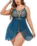 Avidlove Lingerie Plus Size Babydoll Set for Women V Neck Lace Chemise (Blue Green, XXL)