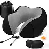 CloudBliss Travel Pillow Premium Memory Foam, Comfortable & Supportive Neck Pillow, Sleeping Neck Pillows for Travel, Airplane Pillow for Sleeping Airplane, Car, Office and Home（Black）