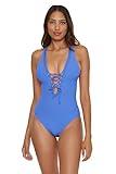 BECCA Women's Standard Modern Edge Plunge One Piece Swimsuit, Adjustable, Bathing Suits, Cornflower, Medium