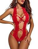 Avidlove Sexy Lingerie For Women Deep V Halter Lingerie Teddy One Piece Bodysuit Lace Babydoll (S, Red)