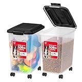 IRIS USA Dog Food Storage Container, 2 Pack, Up to 30 lbs Each, Airtight Seal for Freshness, Wheels for Rolling, Easy One Hand Opening, Made in USA, BPA Free, Clear/Black