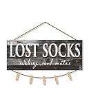 1 KINGO Laundry Lost Socks Rustic Sign Wall Decor for Washroom, Farmhouse Black Lost Socks Seeking Soul Mates Canvas Print Art, Rustic Plaque Bathroom Decoration 6" x 15"