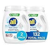 all free clear, Original, MIGHTY PACS Laundry Detergent Pacs for Sensitive Skin, Unscented and Hypoallergenic, 66 Count (Pack of 2)