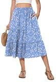 AYIFU Women's Summer Midi Skirt Boho Tiered Flowy High Waist A-Line Elastic Ruffle Casual Skirts with Pockets (Blue White Flower, L)