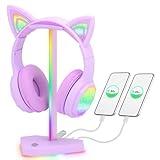 RGB Headphones Stand with 1 USB-C Data Transmission& 3 Type-C Charging Port, Desk Gaming Headset Holder with 7 Light Modes and Non-Slip Rubber Base (Purple)
