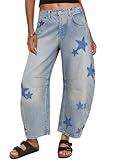 CHARTOU Y2k Barrel Jeans Women Wide Leg Jeans Baggy Distressed Printed Boyfriend Horseshoe Jeans Denim Pants (X-Small,Stars)