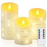 Homemory Flameless Candles with String Lights, 3 Pack Embedded Fairy String Lights LED Candles, Electric Flickering Candles with Remote Control and Timer, Real Wax, Ivory White