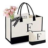 BeeGreen Initial-Canvas-Tote-Bag-for-Women with Comestic Bag, Large Monogram Embroidery Canvas Bag, Personalized Gifts for Mother Sister Her Coworker Birthday Wedding Valentine's Day Gifts F