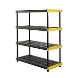 CX Black & Yellow®, 4-Tier Heavy Duty Plastic Storage Shelving Unit, 200lbs/shelf (55”H x 48”W x 20”D), for Indoor/Outdoor Organization, Modular Rack