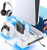 PS5/Slim/Pro Stand and Cooling Station with LED Controller Charging Station for PlayStation 5 Console, Controller Charger, Cooling Stand, PS5/Slim/Pro Accessories Kit with 3 Level Cooler Fan