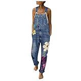 Qgaomye Best Prime Deal of Clearance All Departments Women's Jumpsuits Casual Stretch Denim Bib Overalls Jeans Pants Adjustable Straps Flower Print Rompers Overalls Clearance of Sale Blue,Small