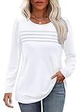 OFEEFAN Blouses for Women Dressy Casual Long Sleeve Shirts Fall Outfits Pleated Plain Tunic Tops Oversized Sweaters White 2XL