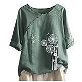 FOCLMP Cotton Shirts for Women Loose Fit Dandelion Print Linen Tops 3/4 Sleeve Summer Blouses Trendy Boho Clothing 2024 Womens Shirts Dressy Casual Spring Black 2X