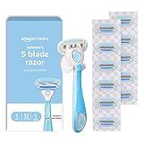 Amazon Basics 5-Blade Razor for Women, Handle, 12 Cartridges & Shower Hanger (Cartridges fit Amazon Basics Razor Handles only) 14 Piece Set, Blue