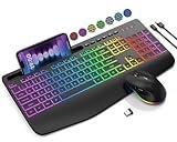 Wireless Keyboard and Mouse Combo, 9 Backlit Effects, Wrist Rest, Phone Holder, 2.4G Lag-Free Ergonomic Keyboards, Rechargeable Silent Cordless Set for Computer, Laptop, PC, Mac, Windows -SABLUTE