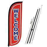 LookOurWay Feather Flag Pole Kit - 5 Feet Tall Advertising Flag Banner with Fiberglass Pole Set and Ground Spike for Business Promotion - Open Flags - Welcome Red & Blue