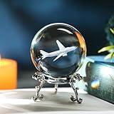 HDCRYSTALGIFTS 60mm 3D Lase Engraved Airplane Crystal Ball with Stand Glass Sphere Plane Paperweight Decor Gift for Men