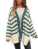 PRETTYGARDEN Women's Winter Striped Cardigan Sweaters Long Sleeve Button Down Open Front Chunky Knit Oversized Sweater Coat (Striped Beige Blue Green,Large)