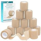 Vive Care Self Adhesive Bandage Wrap (12 Rolls) Cohesive Extra Sticking Stretch Wound Wraps - Elastic Athletic Tape for First Aid, Injuries & Sports, Arm, Leg, Ankle, Wrist, Fingers, 2" x 5yd Roll