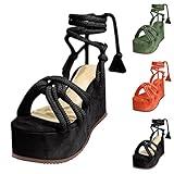JEUROT Sandalias De Mujer De Vestir Elegantes Chunky Platform Sandals for Women Open Toe Slip On Wedge Heels Lace Up Comfortable Summer Shoes (Black, 8)