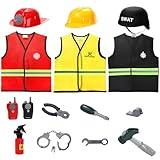Lawei 3 Sets Kids Role Play Clothes for Age 3-7 Years Old, Dress up Costumes Vest Set Police, Fireman and Construction Worker for Toddler Kids Girls Boys Gift, Pretend Role Play Kit Accessories