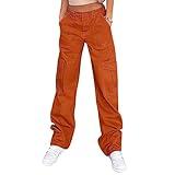 High Waist Stretch Cargo Pants Women Baggy Multiple Pockets Relaxed Fit Straight Wide Leg Y2K Pants Orange