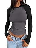 Trendy Queen Womens Long Sleeve Shirts 2025 Fall Fashion Outfits Clothes Slim Fitted Basic Tee Going Out Crop Tops Cute Y2k Teen Girl Color Block T Tshirts Clothing