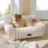 Bedsure Cute Dog Bed for Small Medium Dogs - Washable Furry Puppy Beds, Rectangle Orthopedic Corduroy Fleece Pet Beds with Removable Zipper Cover, 25x21x7inches, Cream