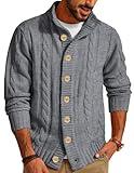 Sweater for Men Cardigan Stand Collar Button Sweater Twisted Cable Casual Sweater Grey