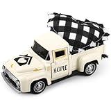 Lemicin Vintage White Mini Metal Truck, Metal Farm Truck Model with Buffalo Check Love Hearts, Vintage Metal Diecast Metal Pickup Tiered Tray Decor for Farmhouse Metal Truck Shelf Table Home Decor