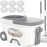 Mop and Bucket with Wringer Set,Spin Mop and Bucket System, Mops for Floor Cleaning,Household Supplies Tools with 6 Replacement Refills,61" Extended Handle for Household Hardwood Floor - White