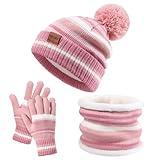 Kids Winter Hat Gloves Scarf Set: Girls Boys Hats Beanie Gloves Neck Warmer Set Knit with Thick Warm Fleece Lined For Ages 6-10 Pink