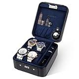 KAMIER Watch Travel Case for Men and Women- 4 Watch Storage and Organizer- Mechanical Combination Lock and Holds for Air Tags-for Home Storage,Travel and Display,Black