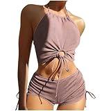 Best Labor Day Deals Womens Boyshorts Bikini Sets 2025 Halter High Neck Keyhole Solid 2 Piece Bathing Suits Modest Vintage Summer Swimsuit Two Piece Swimsuit for Women