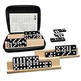 Dominoes Set for Adults with 4 Wooden Racks/Trays, Double Six Dominoes Travel Set with Portable Case Double 6 Dominoes Set with 4 Tiles Holders, 28 Tiles Dominos Set for Family Board Games - Black