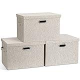 Graciadeco Large 17" 36 Quart Collapsible Stackable Storage Bins with Lids, 3 Packs Beige Linen Fabric Closet Boxes with Lids, Storage Cube Baskets Container Organizers for Bedroom Office(17 x12 x11)