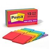 Post-it Super Sticky Notes, 3x3 in, 12 Pads, 2x the Sticking Power, Assorted Bright Colors, Recyclable (654-15SSMULTI2)