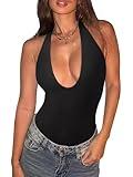 REORIA Bodysuits for Women Halter Tops 2025 Summer V Neck Backless Body Suits Tank Top Trendy Fashion Clothing Black Small