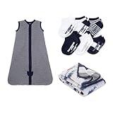 Bundle of Burt's Bees Baby Unisex Sleeping Bag Wearable Blanket, Midnight Stripe, Large US + Reversible Blanket, Quilted Infant & Toddler Bedding + baby boys Socks, 6-pack Ankle With Non-slip Grips