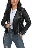 Fahsyee Women's Black Leather Jackets, Faux Motorcycle Bomber Moto Bike Plus Size Coat Short Lightweight Vegan Pleather Fashion M